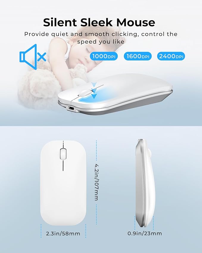 seenda Wireless Bluetooth Keyboard and Mouse Combo, SKM64-3 Rechargeable Slim Quiet Keyboard Mouse, 3 Multi-Device Connection, Compatible for Windows, Mac, MacBook, iPad, Tablet, White Silver