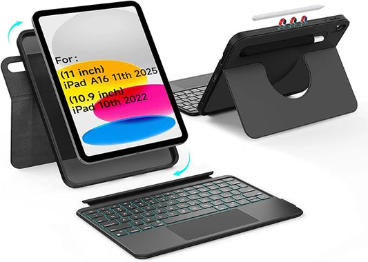 Rotatable Detachable Magnetic Keyboard Case for iPad A16 11th/10th Gen, with Larger-Touch Trackpad, Shockproof Bumper, Support Portrait, Magnetic Pencil Holder, Full Protect, 7 Backlights