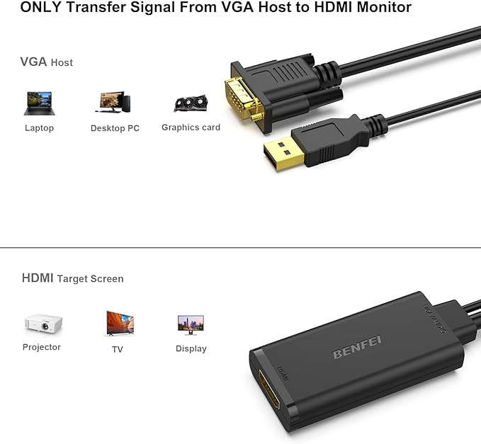 BENFEI VGA to HDMI Adapter, 1080P Converter with Audio from Computer/Laptop VGA Source to HDMI TV/Monitor