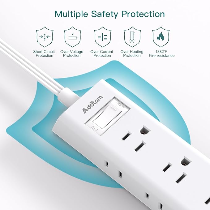 6Ft Extension Cord - Surge Protector Power Strip, Flat Plug, Addtam 12 Widely 3 Sides Outlet Extender, Wall Mount, Desktop Charging Station for Home Office College Dorm Room Essentials