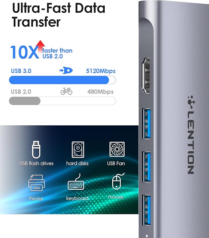 LENTION USB C Hub with 4K HDMI, 3 USB 3.0, SD/Micro SD 3.0 Card Reader, Compatible 2025-2016 MacBook Pro, 2025-2018 Mac Air/Surface, Chromebook, iPhone15 or More, Stable Driver Adapter (Space Gray)