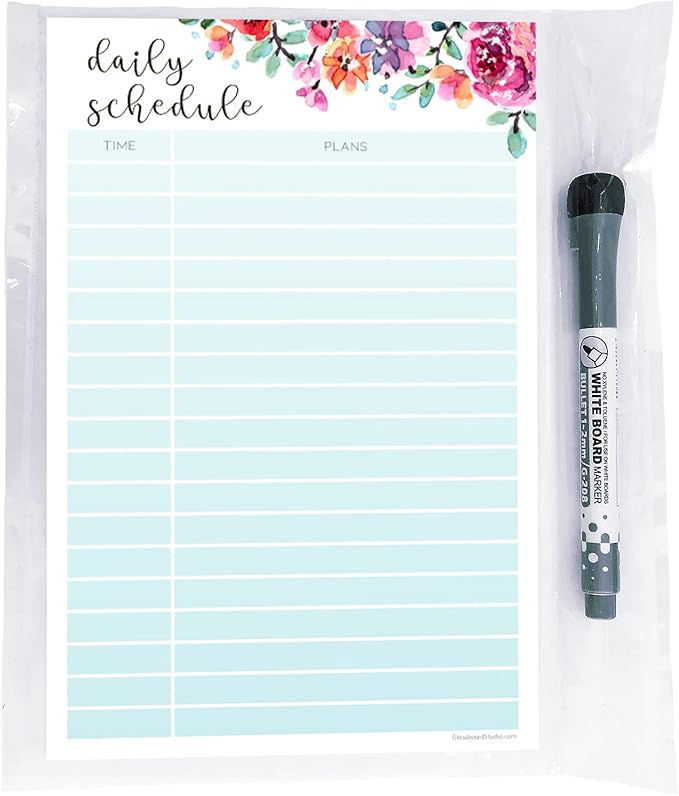 Dry Erase Daily Schedule Planner Sticker Decal by Glassboard Studio | Removable & Reusable | Magnetic Fine-Tip Marker Included (6 x 9 inches, Floral)