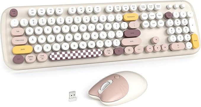Wireless Keyboard and Mouse Combo for Windows, MOWUX 2.4G Full-Sized External Cordless Computer Keyboard, Compact Mouse, 8 Multimedia and Shortcut Keys, for PC, Laptop - Off White Colorful