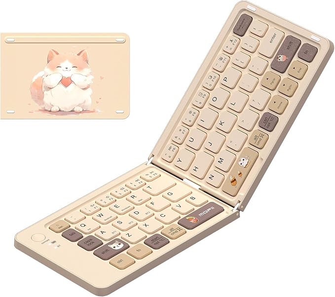 Foldable Mini Bluetooth Keyboard, Portable Compact Wireless Rechargeable Keyboard with 67 Slim Quiet Keys, Cute Pocket-Sized Travel Keyboard for iPad iPhone Android Tablet Mac Windows-Milk Tea Color