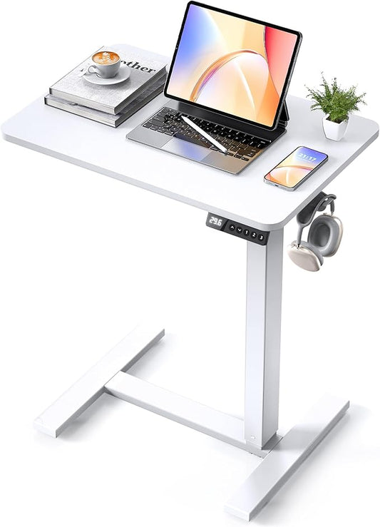 Overbed Bedside Table with Wheels, Electric Standing Desk Adjustable Height, Small Computer Desk for Home Office, Rolling Laptop Desk for Bed, Sofa, or Hospital Use (24"x16",White)