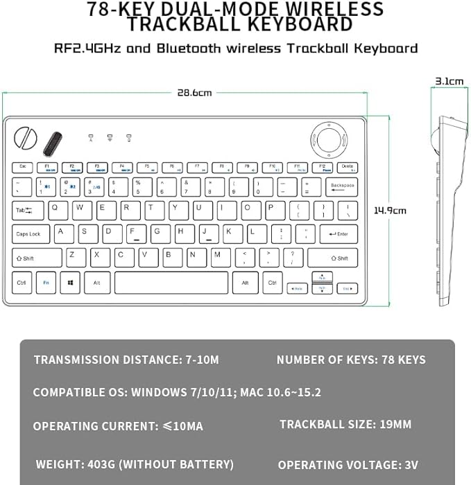 JOMAA 78 Keys Dual Mode Wireless Trackball Keyboard, Bluetooth 5.0 & 2.4G Wireless Keyboard with 19mm Trackball for Windows Mac iOS Android Computer Tablet Desktop