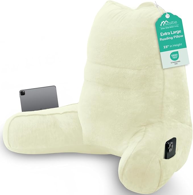Sasttie Reading Pillow for Bed - 23 Inch, Back Pillow for Bed Sitting Up, Back-Rest Support Cushion with Side Pockets and Arms, Dorm Essentials, Oeko-Tex Certified, Cream