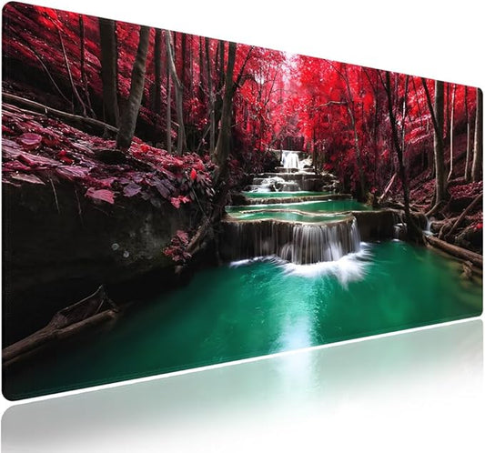 Wknoon. Extra Large Gaming & Office Mouse Pad (31.5" x 11.8") – Enchanted Waterfall in a Vibrant Red Forest, XXL Desk Mat with Durable Stitched Edges & Anti-Slip Base & Smooth Fabric Surface
