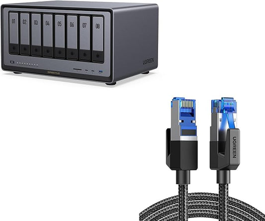 UGREEN NASync DXP8800 Plus 8-Bay Desktop NAS,Network Attached Storage (Diskless) Bundle with UGREEN Cat 8 Ethernet Cable 10FT, High Speed Braided 40Gbps 2000Mhz Network Cord.