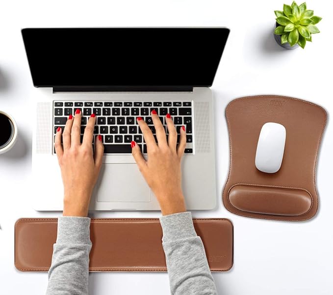 Cacoy PU Leather Mouse Pad with Wrist Support and Keyboard Wrist Rest Set for Gaming, Office, PC Computer Laptop, Ergonomic Memory Foam Non Slip Rubber Wrist Support Relief Pain (Brown)