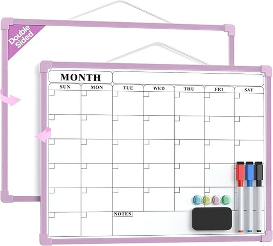 MaxGear Monthly Calendar Dry Erase Board for Wall, 16"x12" Small Hanging Double-Sided White Board, Portable Whiteboard for Planning, Drawing, Memo, to Do List, School, Home, Office, Purple Frame