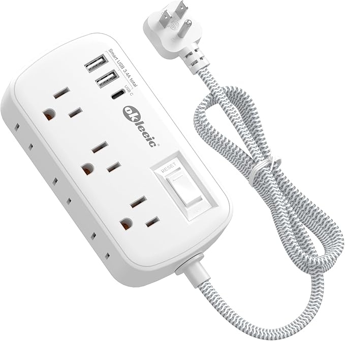 Short Extension Cord 5 ft - Flat Plug Small Power Strip Surge Protetor with 6 Outlets 3 USB (5V/3.4A 17W) Charging Ports, Multi Plug Wall Outlet Splitter for Home Office Dorm Roomc, White