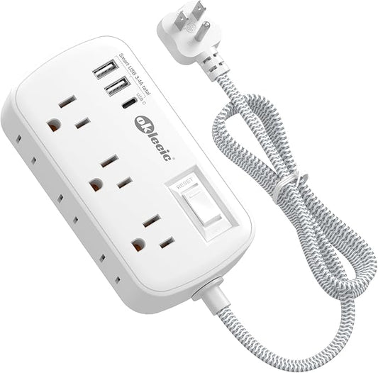 Short Extension Cord 5 ft - Flat Plug Small Power Strip Surge Protetor with 6 Outlets 3 USB (5V/3.4A 17W) Charging Ports, Multi Plug Wall Outlet Splitter for Home Office Dorm Roomc, White