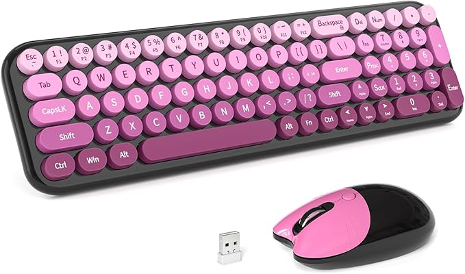 Wireless Keyboard and Mouse Combo, Portable Retro Keyboard with Compact Size, 2 in 1 USB Connected Mouse for Windows 7/8/10, Laptop, Desktop, PC, Computer (Black Pink)