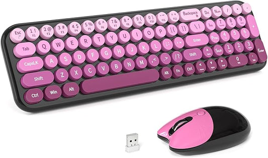 Wireless Keyboard and Mouse Combo, Portable Retro Keyboard with Compact Size, 2 in 1 USB Connected Mouse for Windows 7/8/10, Laptop, Desktop, PC, Computer (Black Pink)