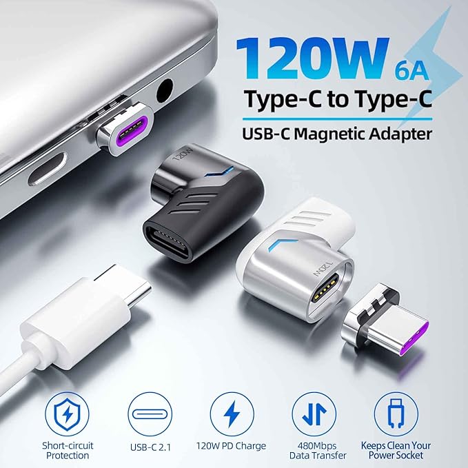 USB C Magnetic Adapter (2Packs, Black&White), USB2.0 Type C Right Angle Connector with PD 120W Charge and 480Mbps Data Transfer, Compatible for MacBook Pro/Air iPad Pro and More USB C Devices