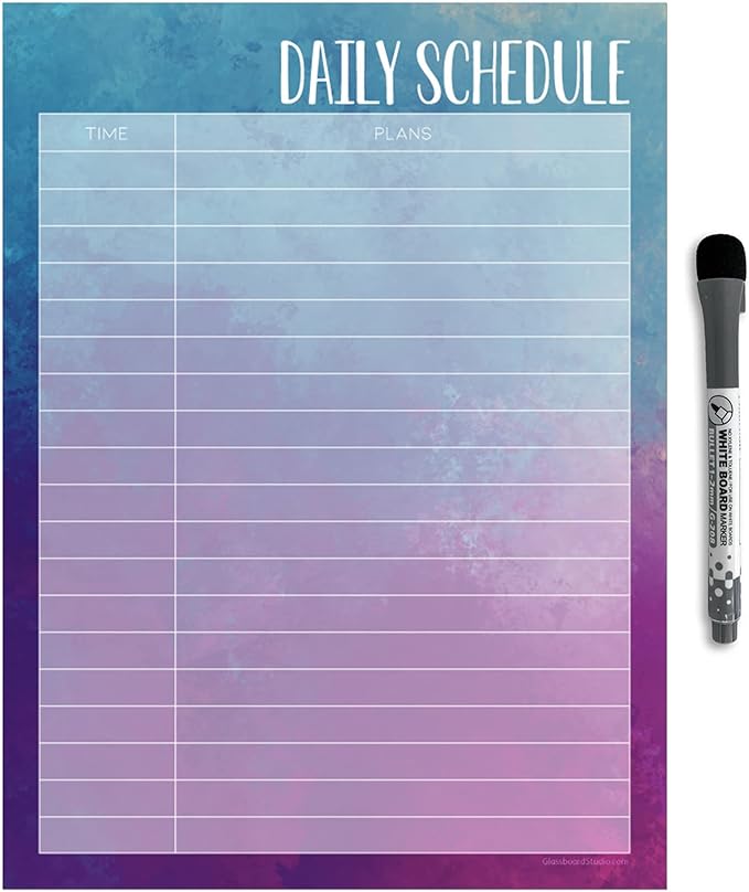 Dry Erase Daily Schedule Planner Sticker Decal by Glassboard Studio | Removable & Reusable | Magnetic Fine-Tip Marker Included (9 x 12 inches, Watercolor)