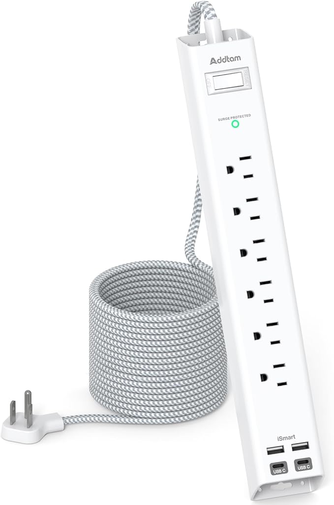 15FT Power Strip Surge Protector, Extension Cord with Multiple Outlets, 6 AC Outlet 4 USB (2 USB C), Flat Plug, Wall Mount, Multi Plug Outlet Extender for Home Office Dorm Room Essentials