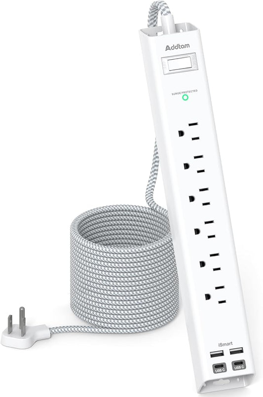 20ft Extension Cord - Flat Power Strip Surge Protector with 6 AC Outlets 4 USB (2 USB C), Wall Mount, 900 J, Multi Plug Outlet Extender for Home Office Dorm Room Essentials