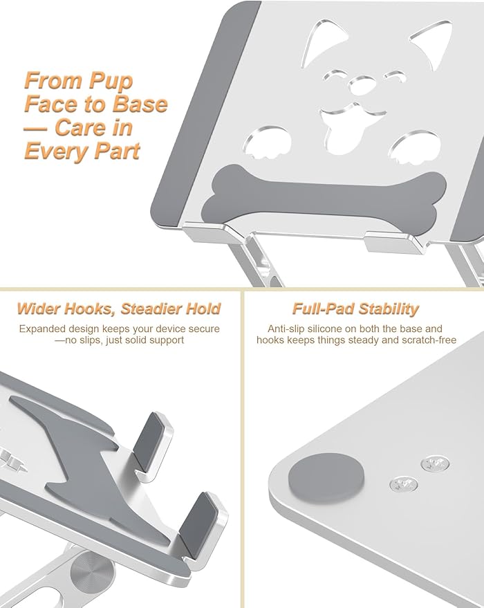 Laptop Stand for Desk-Adjustable, Foldable, Portable, Ergonomic Aluminum Notebook Riser with Unique Puppy Cooling Vent, Desk Gift for 10"-17.3" Devices Mac, Dell, HP, Lenovo, Samsung, Silver