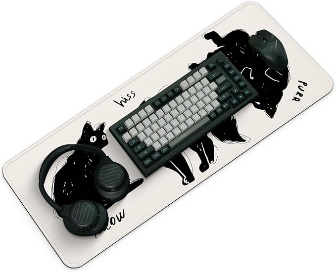 Funny Cute Cat Gaming Mouse Pad with Non-Slip Rubber Base, Large Anime Mousepad with Stitched Edges, Long Keyboard Mat for Home and Office, 31.5 x 11.8 inches (Funny Black Cat)