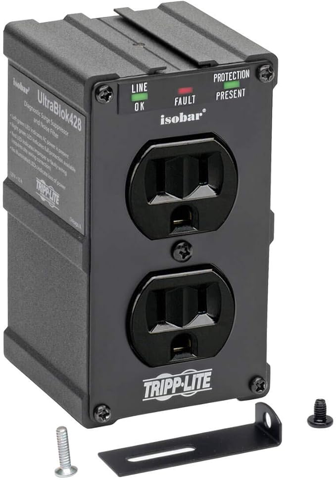 Tripp Lite Isobar ULTRABLOK Heavy Duty Outlet Extender, Wall Power Strip Surge Protector, 2 Outlets, Direct Plug-in, Black, Metal Power Strip, Industrial Garage Work Shop Bench