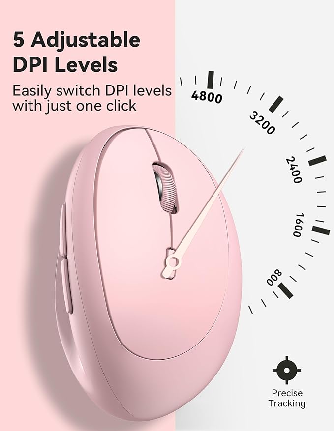 TECKNET Ergonomic Mouse, 4800 DPI Wireless Vertical Mouse, 5 Adjustable DPI Levels, 6 Buttons, 2.4G Silent Wireless Mouse for Laptop, PC, Light Pink