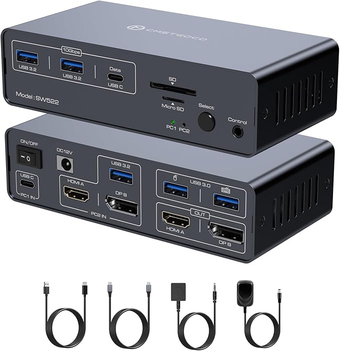 KVM Switch 2 Monitors 2 Computers Docking Station USB C +HDMI/DP Input, 4K60Hz/4K120Hz for Laptop and Desktop with 1*USB C +2*USBA 3.2 10Gbps + 2*USB 3.0 5Gbps and SD/microSD Card Slots