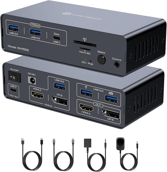 KVM Switch 2 Monitors 2 Computers Docking Station USB C +HDMI/DP Input, 4K60Hz/4K120Hz for Laptop and Desktop with 1*USB C +2*USBA 3.2 10Gbps + 2*USB 3.0 5Gbps and SD/microSD Card Slots