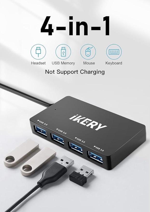 4-Port USB 3.0 Hub, High Speed 5Gbps Data Transfer Hub for Laptop, PC, MacBook - Portable Type-A Ports with 2ft Extended Cable