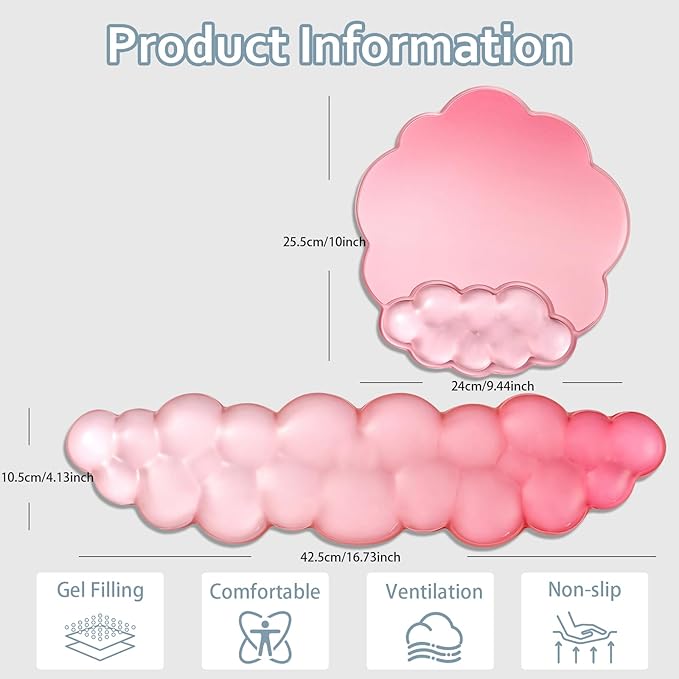 Keyboard Wrist Rest with Gel Cloud Mouse Pad - Ergonomic Pink Mouse Pad with Non-Slip Base, Cute Desk Accessories for Office/Home/Desktop/Latop