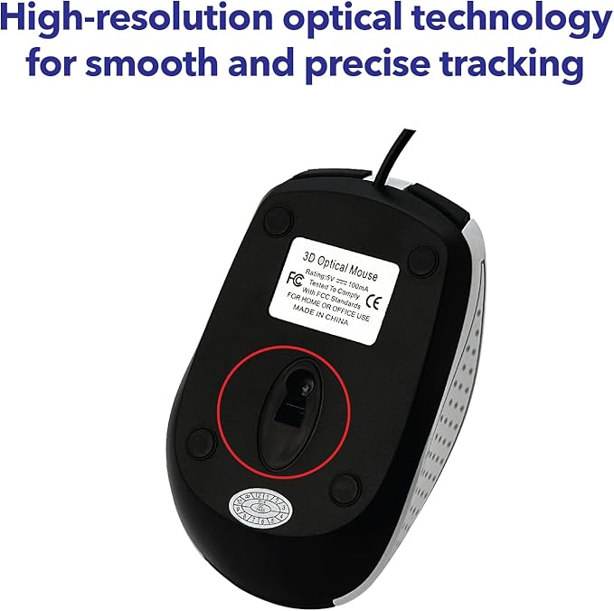Verbatim Wired USB Computer Mouse - Corded USB Mouse for Laptops and PCs - Right or Left Hand Use, White 99740, 1.4" x 2.4" x 3.9"