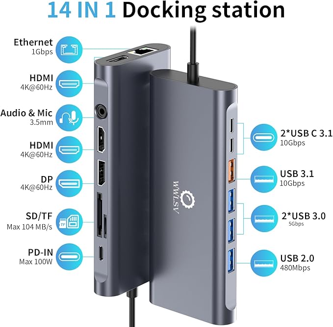 Docking Station 3 Monitors for HP/MacBook/Dell/Lenovo/Surface, USB C Docking Station with Dual 4K@60Hz HDMI & 4K DP, 14-in-1 USB C Hub with 100W PD, USB-A/C 3.1, 1Gbps Ethernet, SD/TF, 3.5mm Audio/Mic