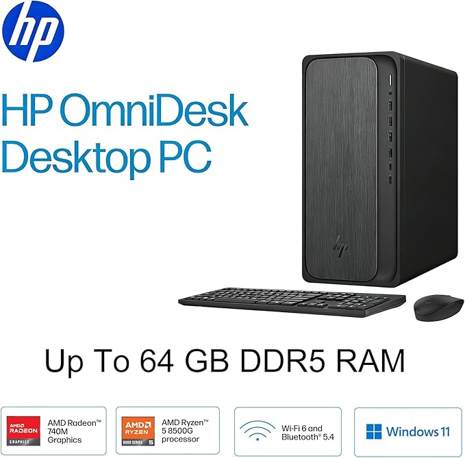 HP OmniDesk Tower Desktop Computer • 8-core AMD Ryzen 5 8500G Processor • 16GB DDR5 • 1TB Storage (512GB SSD + 512GB External) • HDMI + DP • Wi-Fi 6 • Wireless Keyboard & Mouse • Windows 11