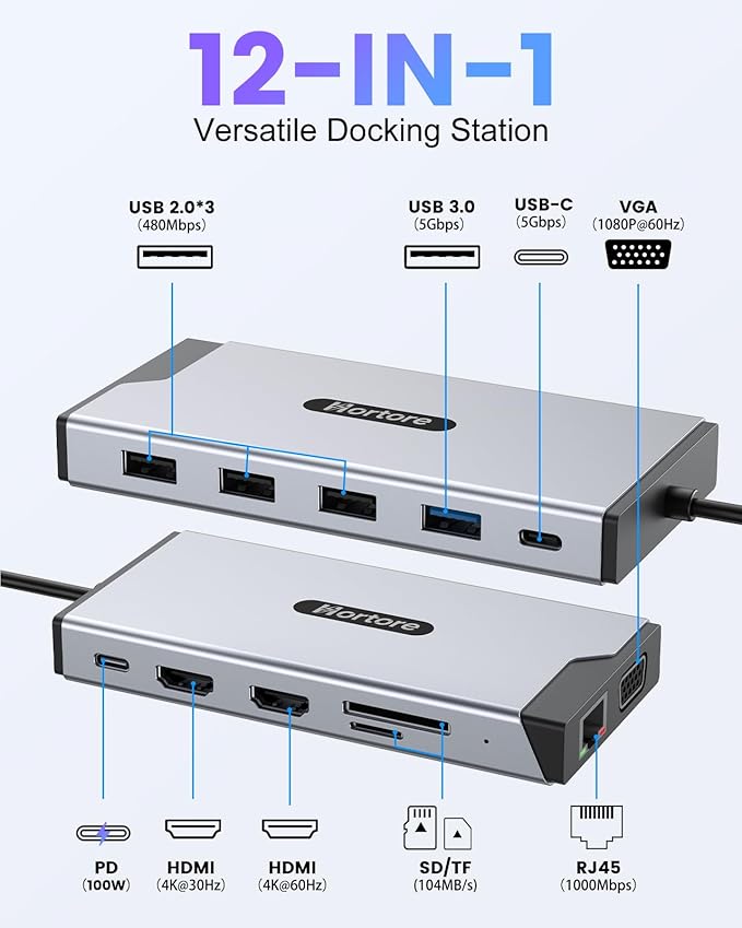 USB C Hub, 12-in-1 Docking Station Dual Monitor with 2 HDMI, VGA, RJ45, 100W PD, USB-C Data,1 USB 3.0, 3 USB 2.0, SD/TF Card Reader, for MacBook/Dell/HP/Lenovo,Silver