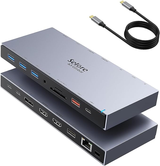 Selore Docking Station 3 Monitor, USB C Laptop Hub with Dual 4K HDMI and Displayport, 10Gbps USB-A/C Data Transfer, 100W PD, Ethernet, Audio, SD/microSD Slot, USB C Dock for Dell XPS/HP/Lenovo