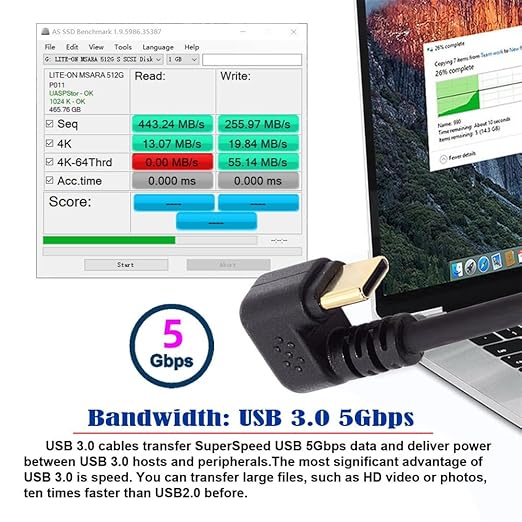 NFHK Right Angled USB3.0 Type-A to Type C USB-C Male to Male Power Data Cable 5Gbps USB-C Opposite U Shape Back Angled