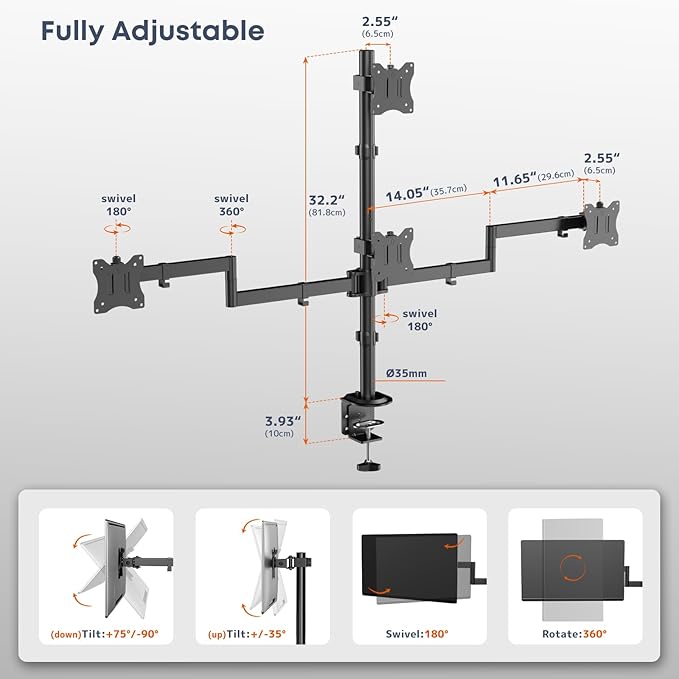 Quad Monitor Mount for 17-27 Inches - Fully Adjustable Heavy Duty 4 Monitor Arm Desk Mount, Max Load 22lbs per Screen, Clamp/Grommet, VESA 75/100 mm, Black