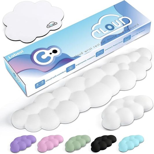 Cloud Wrist Rest for Computer Keyboard Arm Wrist Rest with Non-Slip Base Extended Wrist Rest Ergonomic Memory Foam for Keyboard and Mouse Typing Pain Relief, Office, Gaming, Computer (cloud white set)