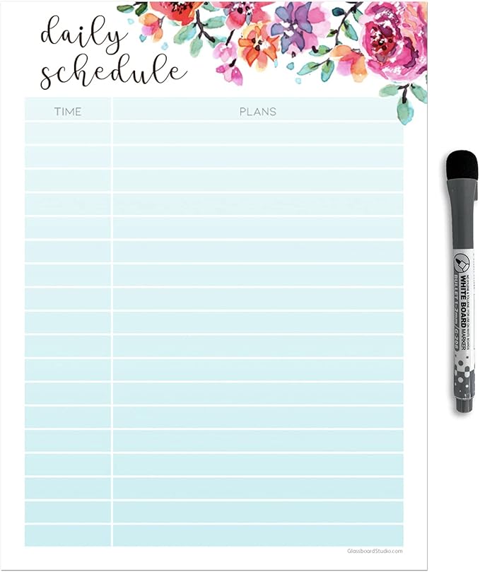 Dry Erase Daily Schedule Planner Sticker Decal by Glassboard Studio | Removable & Reusable | Magnetic Fine-Tip Marker Included (9 x 12 inches, Floral)