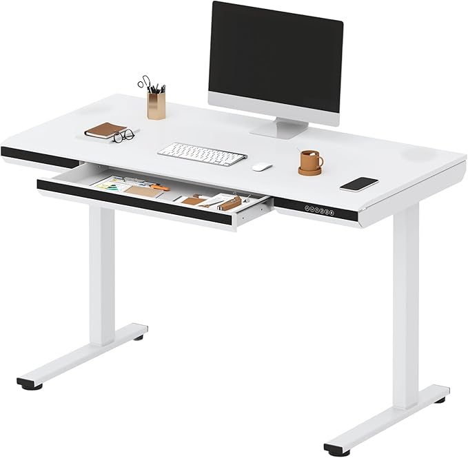 SANODESK 48" One-Piece Standing Desk with Acrylic-Front Drawer, Fast-Assembly Ergonomic Sit-to-Stand Desk with MDF Top, 4 Height Memory Presets Touch-Control, Home Office Computer Workstation, White