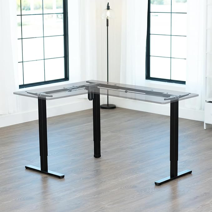 VIVO Space Efficient Electric Single Motor Height Adjustable 3-Leg Corner Standing Desk Frame, Holds up to 225 lbs, Sit Stand L-Shaped Motorized Legs Only, Black, DESK-E347B