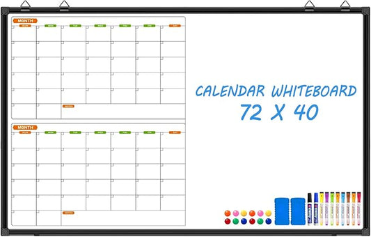 Large Magnetic Dry Erase Calendar Whiteboard Combo 72" x 40", 2 Month Whiteboard Calendar & Dry Erase Board for Wall, Wall Mounted Board with 2 Erase, 10 Marker, 12 Magnet