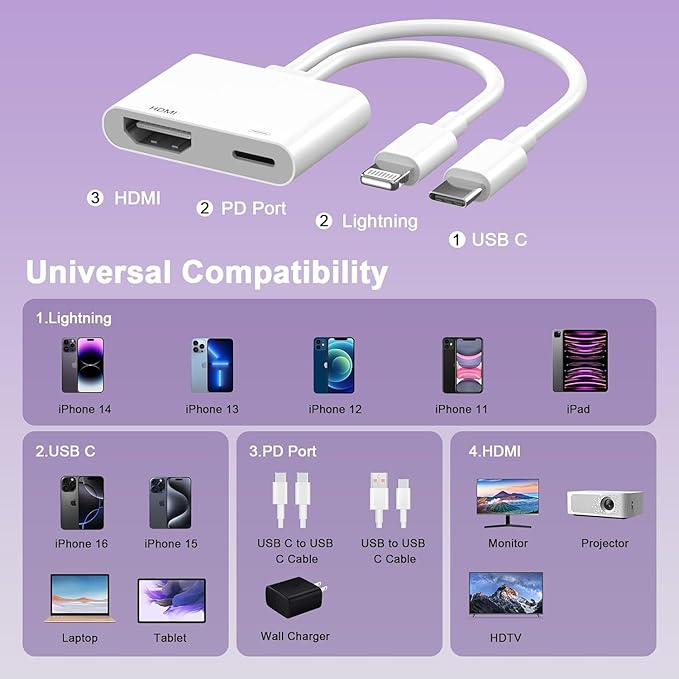 [Apple MFi Certified] 2 in 1 Lightning and USB-C to HDMI Adapter for iPhone,4K@60Hz DVI Lightning Type C Digital AV HDMI Adapter Cord for iPhone 17 16 15 14 13 12 11 XS XR X 8 HDTV/Projector/Monitor