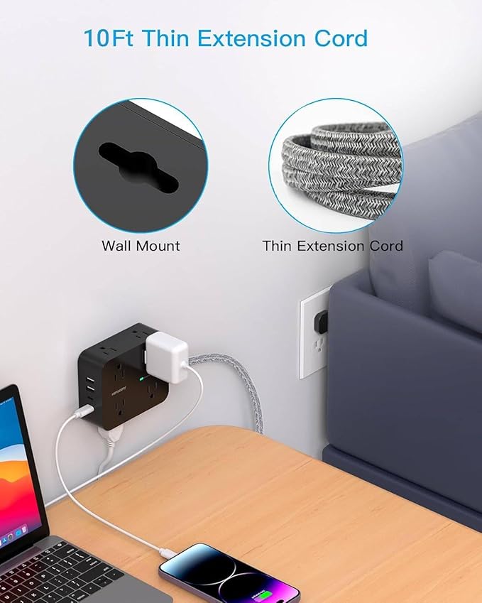 Long Cord Power Strip 10 Ft, HANYCONY Ultra Thin Extension Cord, Surge Protector with Flat Plug, 8 Outlets 4 USB Charging Station(2 USB C), Outlet Extender for Office Home College Dorm Room Essentials