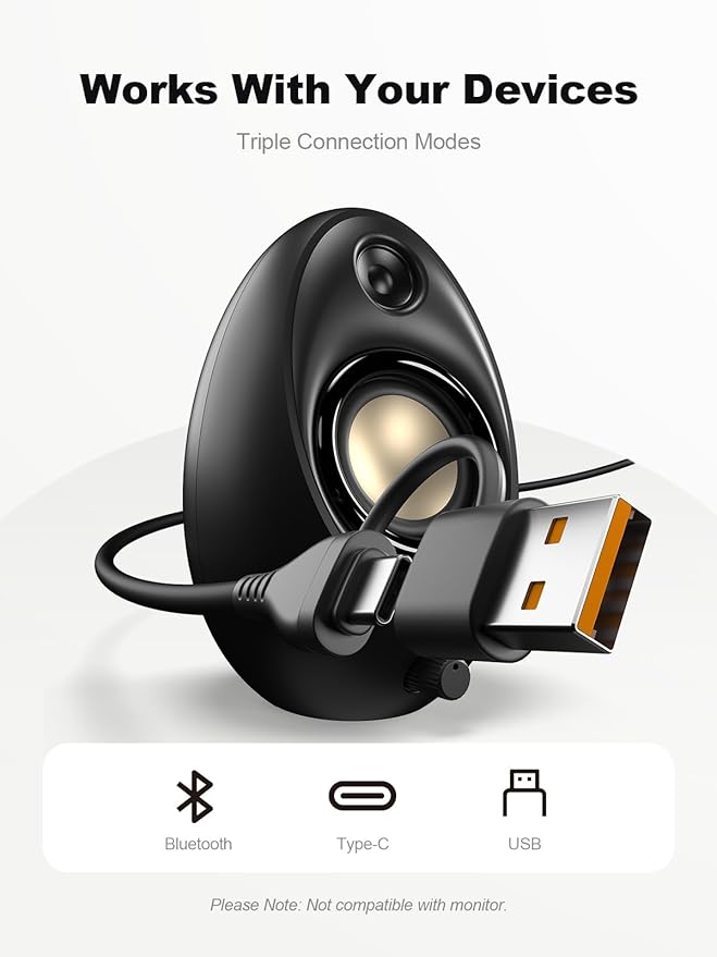 Bluedee Computer Speakers for Desktop PC, 20W Peak Power Bluetooth 5.4 USB/USB-C Powered PC Speakers with RGB Glow, Plug & Play Clear Stereo Sound with Enhanced Bass for Desktop, Laptop & Home Office