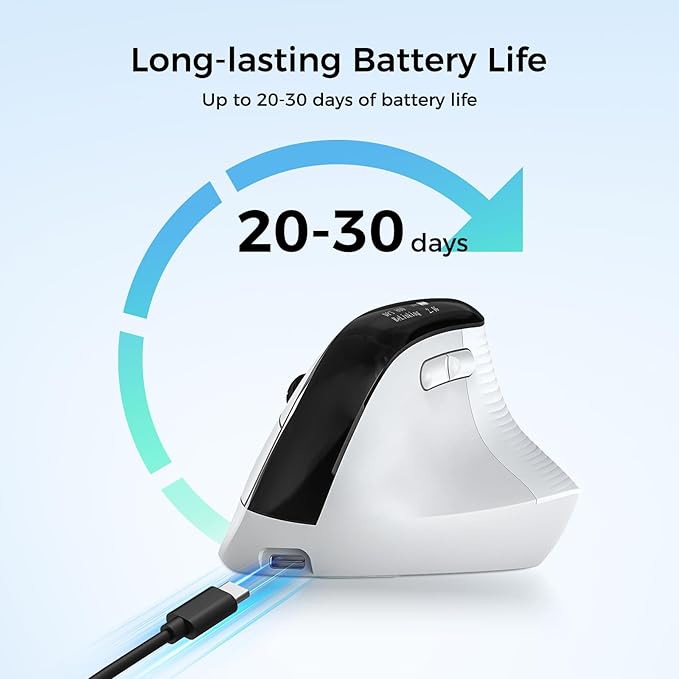 Wireless Ergonomic Mouse with Screen，Bluetooth Vertical Mouse Rechargeable, Quiet Clicks, USB Ergo Design Cordless Mice Compatible for Windows, PC, Laptop, Mac OS, White