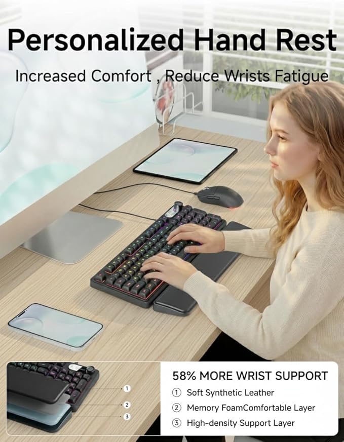 C98 Wired Keyboard and Mouse Combo, Wired Ergonomic Computer Keyboards with Wrist Palm, Double-Shot Keycaps, Silent RGB Backlight Quiet Keyboard for Windows/MAC/PC - Black