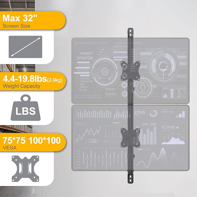 PUTORSEN Dual Monitor Wall Mount - Vertical Stacked Monitor Wall Mount for 17-32 inch Screens,Holds up to 19.8 lbs per Monitor,VESA 75x75/100x100mm,Black