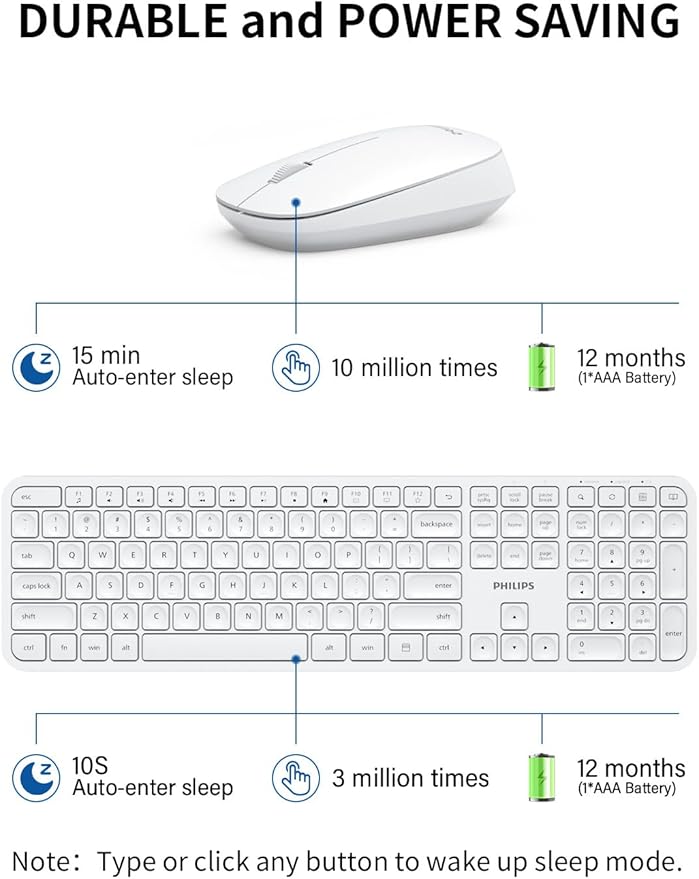 Philips Wireless Keyboard and Mouse Combo,2.4G 2 in 1 Receiver Cordless Full Size Keyboard and Mice,Ultra Slim and Quiet Keyboard & Ergonomic Mice for Windows XP/7/8/10,Mac OS X10.4 or Higher-White